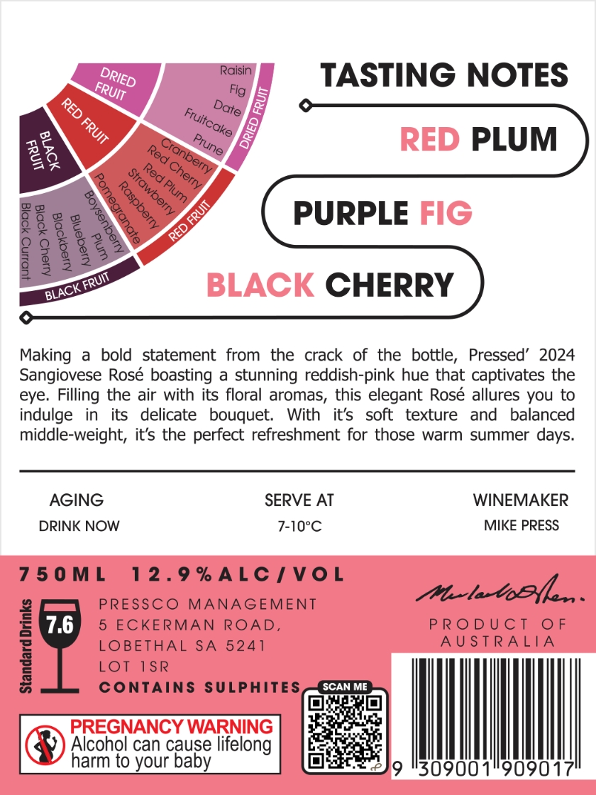 back label for pressed wines 2024 sangiovese rose