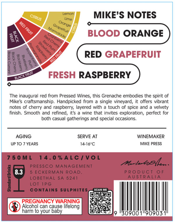 back label of Pressed Wines Grenache