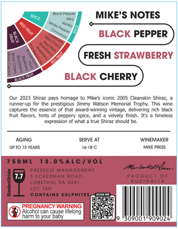 back label of Pressed Wines Shiraz
